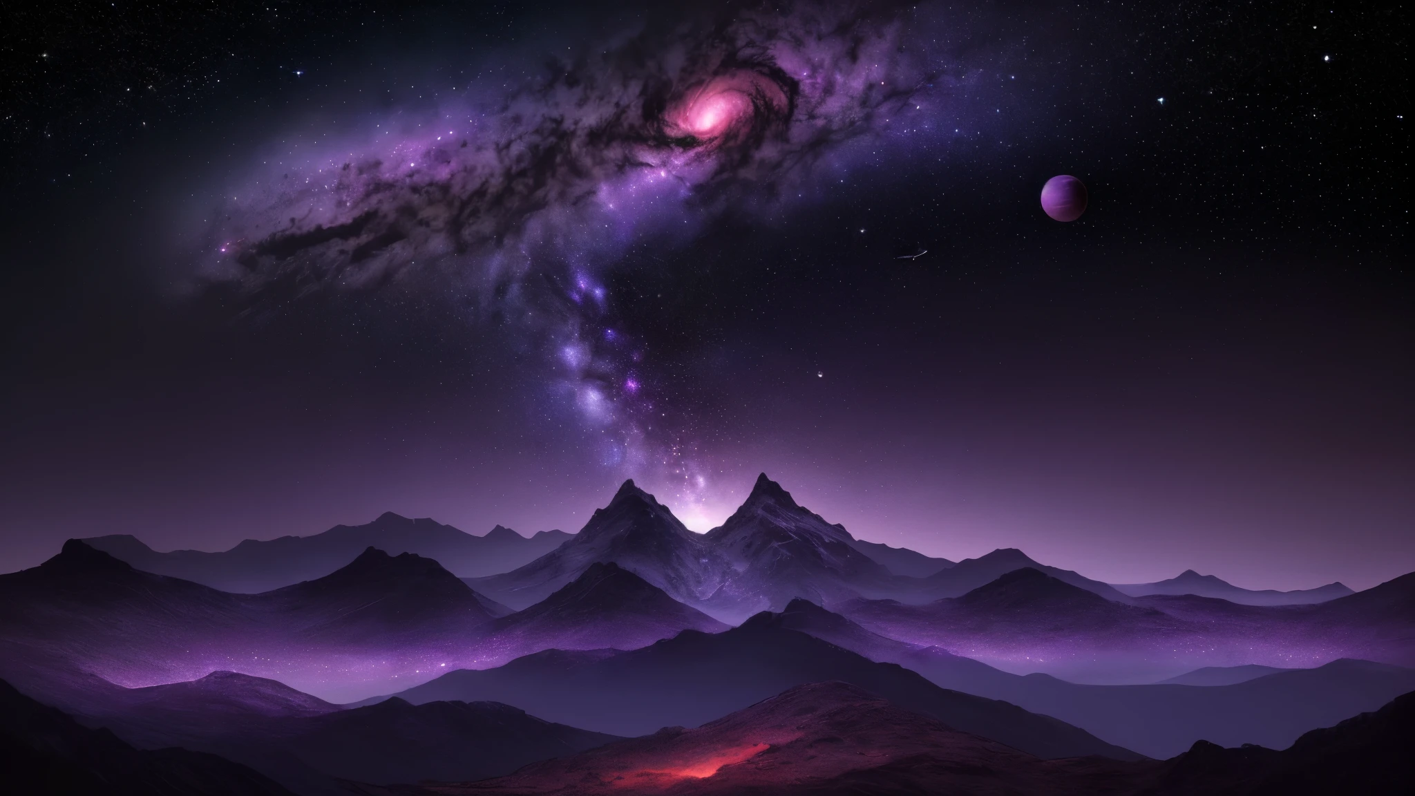 (astronomy, space:1.1)Full constellation of stars and planets in shades of violet, set against a backdrop of dark mountains in hues of black and red(dark, mysterious:0.9). The stars are scattered across the night sky, creating a mesmerizing natural display. The planets, with their vibrant purple hues, add a sense of mystique to the scene. The mountains, towering and majestic, cast long shadows across the landscape, creating a dramatic contrast of light and darkness. The colors in the painting are rich and deep, evoking a sense of awe and wonder. The scene is illuminated by a soft, ethereal light, casting a gentle glow on the celestial bodies and revealing the intricate details of the landscape. The artwork is created with meticulous attention to detail, capturing the beauty and grandeur of the cosmos. The overall image quality is of the highest standard, with ultra-detailed depiction of the stars and planets, making it a true masterpiece. The use of vibrant colors and professional lighting techniques brings the artwork to life, immersing the viewer in a captivating and otherworldly experience.