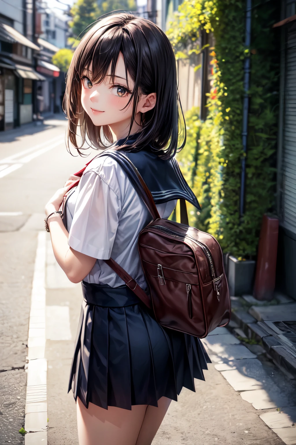 very cute and beautiful girl,(highly detailed beautiful face and eyes),(smile),looking at viewer,
black hair,serafuku,(pleated navyblue mini skirt),standing,exposing thigh,holding school bag,
narrow alley in tokyo,stone wall in front of modern building,trees,shrubbery,
(best quality,masterpiece),absurdres,highres,ultra-detailed,extremely detailed,32k,8k resolution,
intricate details,cinematic scene,detailed background,solo,dynamic angle,perfect hands,