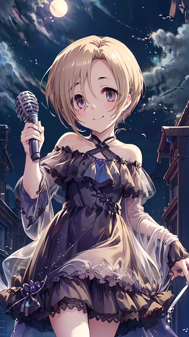 masterpiece, Highest quality, High resolution, Very detailed,(((Koume Shirasaka))), (((naked)))、(((Holding a microphone。)))、(((smile)))、(((full moon)))、(((Night Sky)))、(((Beautiful Eyes)))、(((Thin body type)))