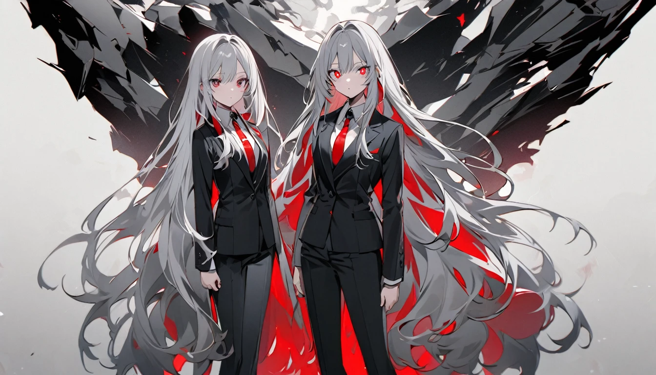 Teen Girl Characters。gray hair color、Glowing red eyes、Long Hair、There is a mole under the left eye。In a suit。whole body。Without background、Depict only one person.