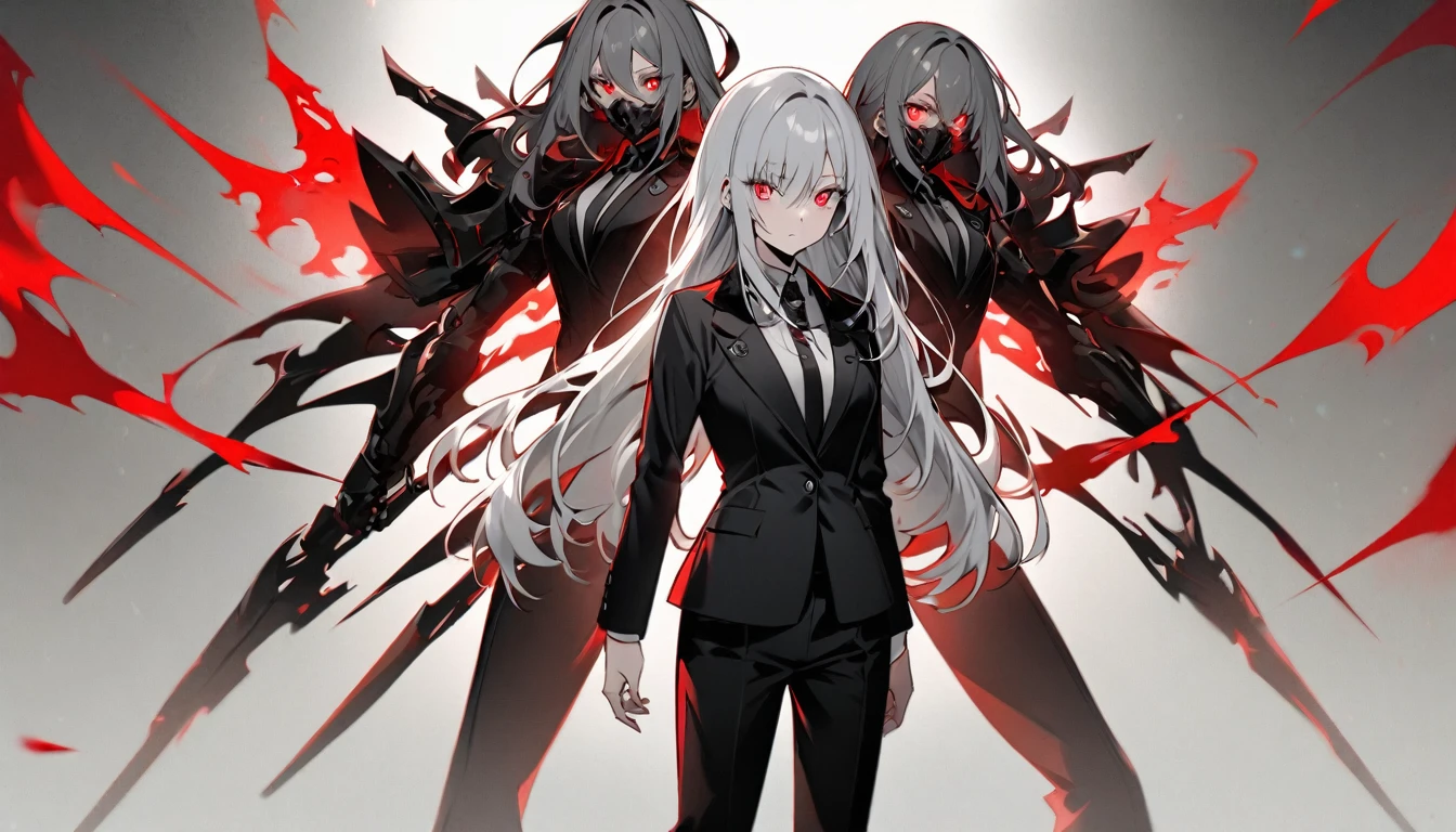 Teen Girl Characters。gray hair color、Glowing red eyes、Long Hair、There is a mole under the left eye。In a suit。whole body。Without background、Depict only one person.