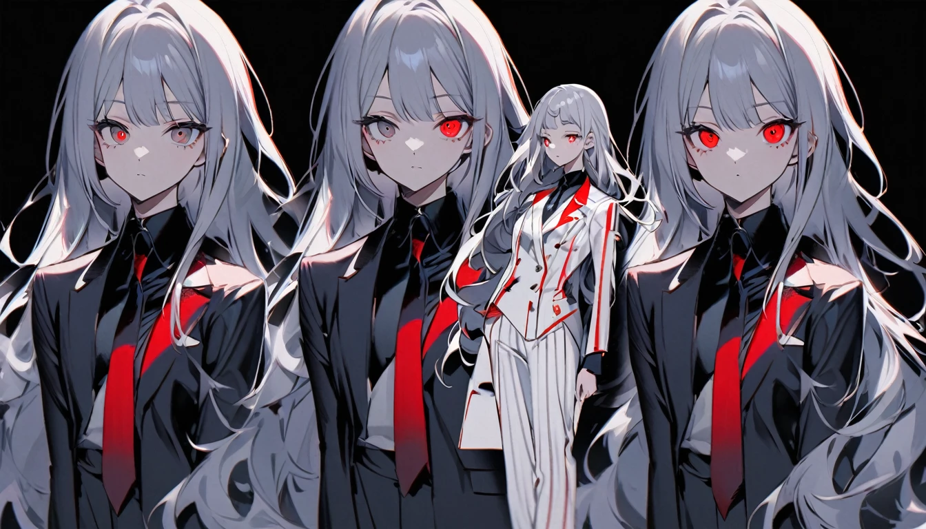 Teen Girl Characters。gray hair color、Glowing red eyes、Long Hair、There is a mole under the left eye。In a suit。whole body。Without background、Depict only one person.