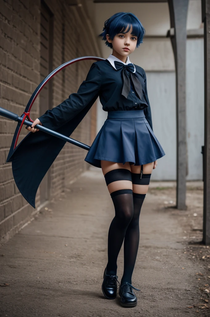 Create the image of a young girl with a small bust, short blue hair, with a black bow, wearing a dark blue shirt, dark blue shorts, Red tie, black stockings and black shoes, carrying a scythe