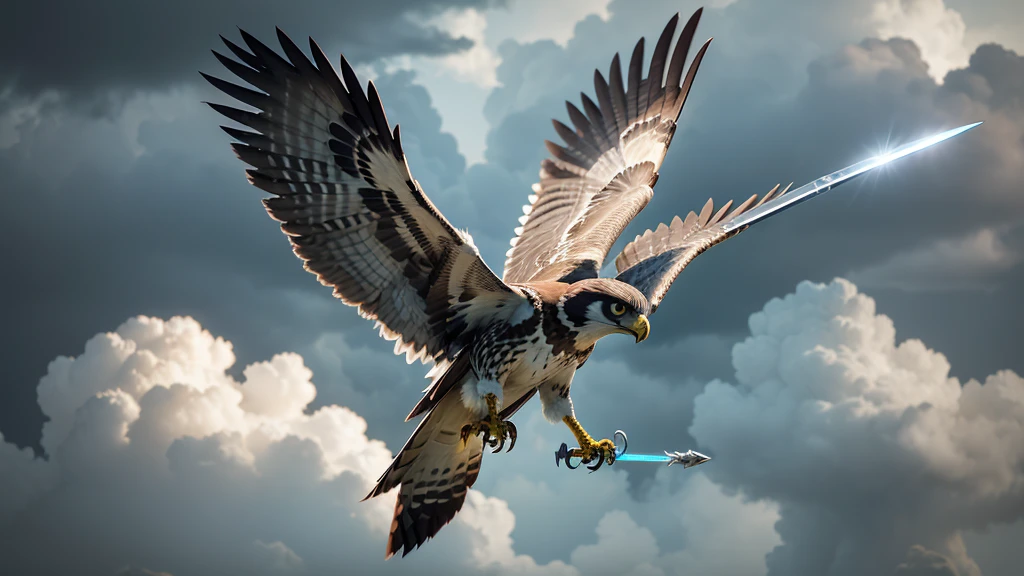 A courageous falcon gripping a tiny sword in its talons, soaring through stormy skies.