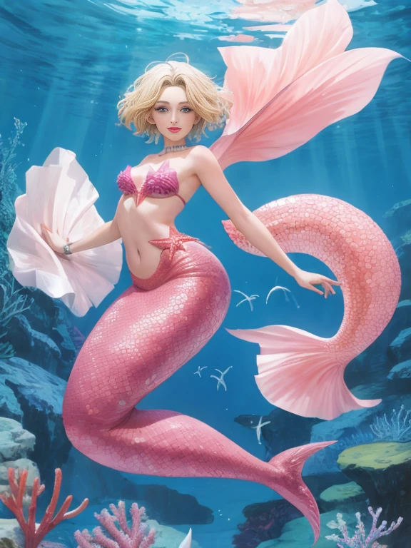 Pink mermaid, Starfish on Breasts, 1girl, crossdressing, anime, beauty, small breasts, short hair, blonde hair, blue eyes, underwater sea, coral, fish, full body, scales mermaid, fin ears, red lips, 