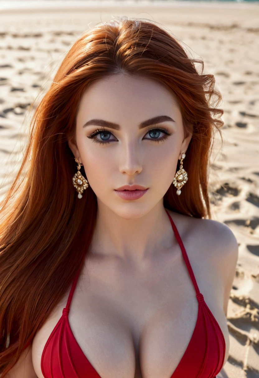 ultra realistic, photography, long red hair, girl, 24 years old, (From a straight above), female is standing on the beach in the sand at the water taking a selfie with her iphone, her eyes gazing up toward the phone. She exuded confidence and elegance, with every aspect of her appearance meticulously styled. Her face was adorned with flawless makeup—mascara, eyeliner, and striking eye shadow that enhanced her captivating gaze. Long, fluttering lashes added a touch of allure. bright eyes, cleavage Her ears shimmered with elegant earrings, complementing her stylish hairstyle, which was expertly arranged to showcase her beauty. The teacher's attire exuded professionalism and sophistication, while still maintaining a touch of glamour. She wore a red bikini. The scene unfolded on a beach at the shore in the water, creating a contrast between the glamorous teacher and her surroundings. Despite the unconventional location, her presence exuded confidence and a sense of authority. From this birds-eye perspective, she appeared as a beacon of knowledge, ready to impart wisdom and inspire her students with her undeniable grace and beauty. beautiful detailed nose, beautiful detailed thigh, (beautiful detailed eyes), (complete perfect body), abs, perfect body proportion, (looking at iphone)