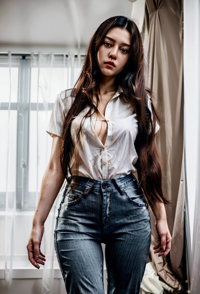 (8K, Highest quality, masterpiece: 1.2), (Realistic, photoRealistic: 1.37), beautiful, Sensual and erotic woman with a curvaceous body, Hair  is black、The eye  is dark brown, Long Hair, Straight hair,nsfw (White short formal shirt), (Unbutton all her shirt.), Taken off、jeans, Hands over the head, please stretch your arms, gag, In the roof top, background city in the night ((mini pants jeans))