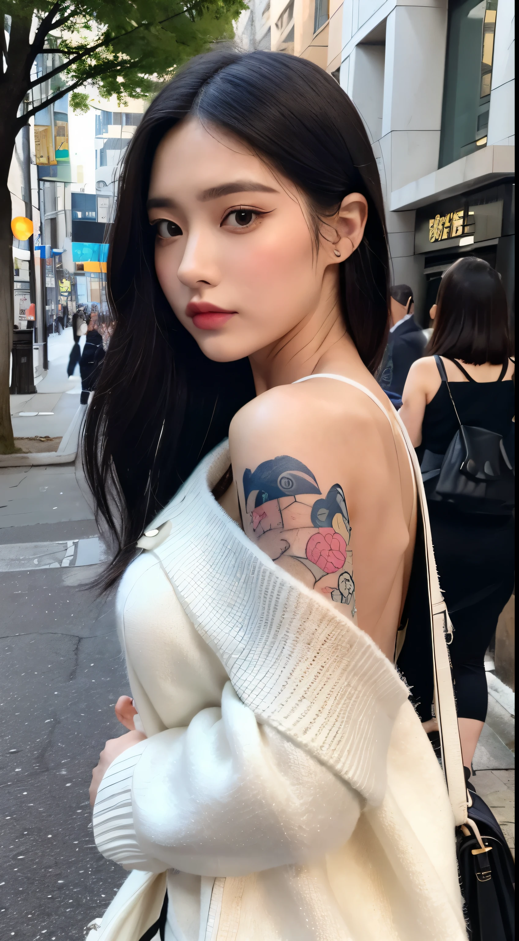 （real， High resolution：1.3）， 1 Girl with a perfect body， H1-KEY HWISEO, 28 years old, ((h1-key hwiseo))、((Tattoos on shoulders and arms)),A woman with short black hair is holding a pink ice cream cone。She is wearing a white buttoned cardigan、People in the background々I am standing on a busy street with。She has detailed nail art、I have a small black Prada bag.。