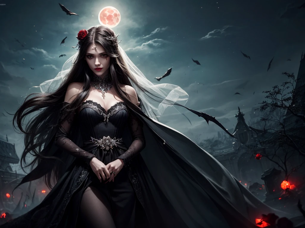 In the night graveyard near the open coffin standing beatiful pale bride female, she have pale skin, beatiful face with silver eyes dark red lipstick black eyeshadows and black tear trace on her face, her haie is black as the darkest night, she dressed in old wedding dress with holes and blood stains and bare feets, in her hands she holding withered black rose bouquet, she have greennish glow aura around her, there is blood moon in the sky,(ultra high quality fantasy art, ghothic dark fantasy style, masterpiece, ultra high quality character design, 8k quality anime art, realistic anime art, top quality wallpaper illustration, detailed ultra high quality accurate face, high quality design and accurate physic)