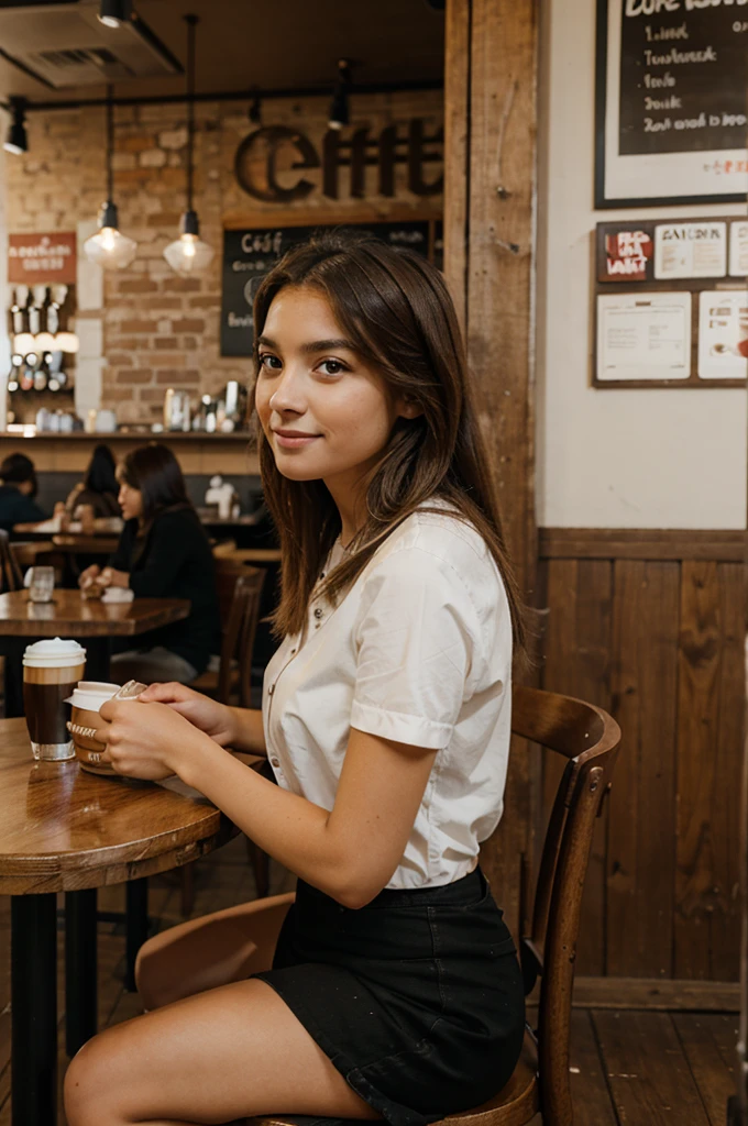 Girl sitting at a table with coffee in a cafe 
