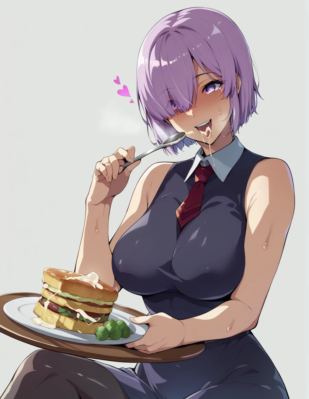 smile、Ultra-detailed illustrations、Ultra-precise expression、masterpiece、Highest quality、ultra High resolution、High resolution、Hiromitsu Takeda Style、White background、Simple Background、Mash Kyrielight、light purple hair,short hair,hair over one eyes、Black sleeveless dress, White collar、Red tie、Black Pantyhose、Purple eyes、smile、Open your mouth、Choker of Hearts、White Breath、Sweat、Glowing Skin、shiny skin、Side angle、Hold a plate、、semen、Semen、eat、Put a spoon in your mouth、