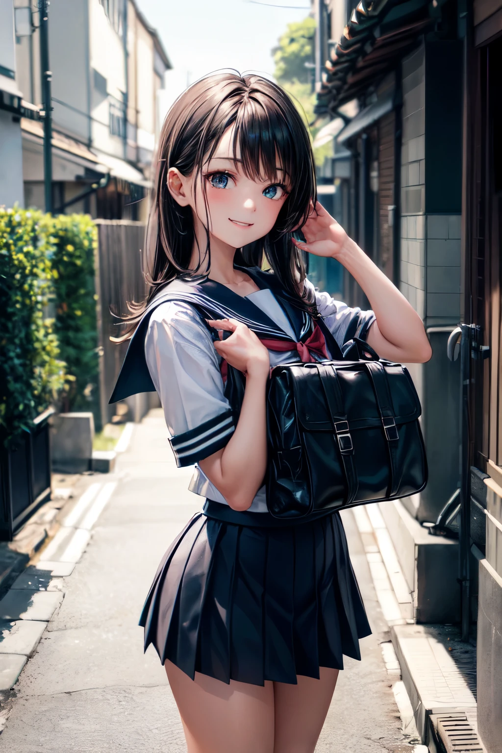 very cute and beautiful girl,(highly detailed beautiful face and eyes),(smile),looking at viewer,
black hair,serafuku,(pleated navyblue mini skirt),standing,exposing thigh,holding school bag,
narrow alley in tokyo,stone wall in front of modern building,trees,shrubbery,
(best quality,masterpiece),absurdres,highres,ultra-detailed,extremely detailed,32k,8k resolution,
intricate details,cinematic scene,detailed background,solo,dynamic angle,perfect hands,