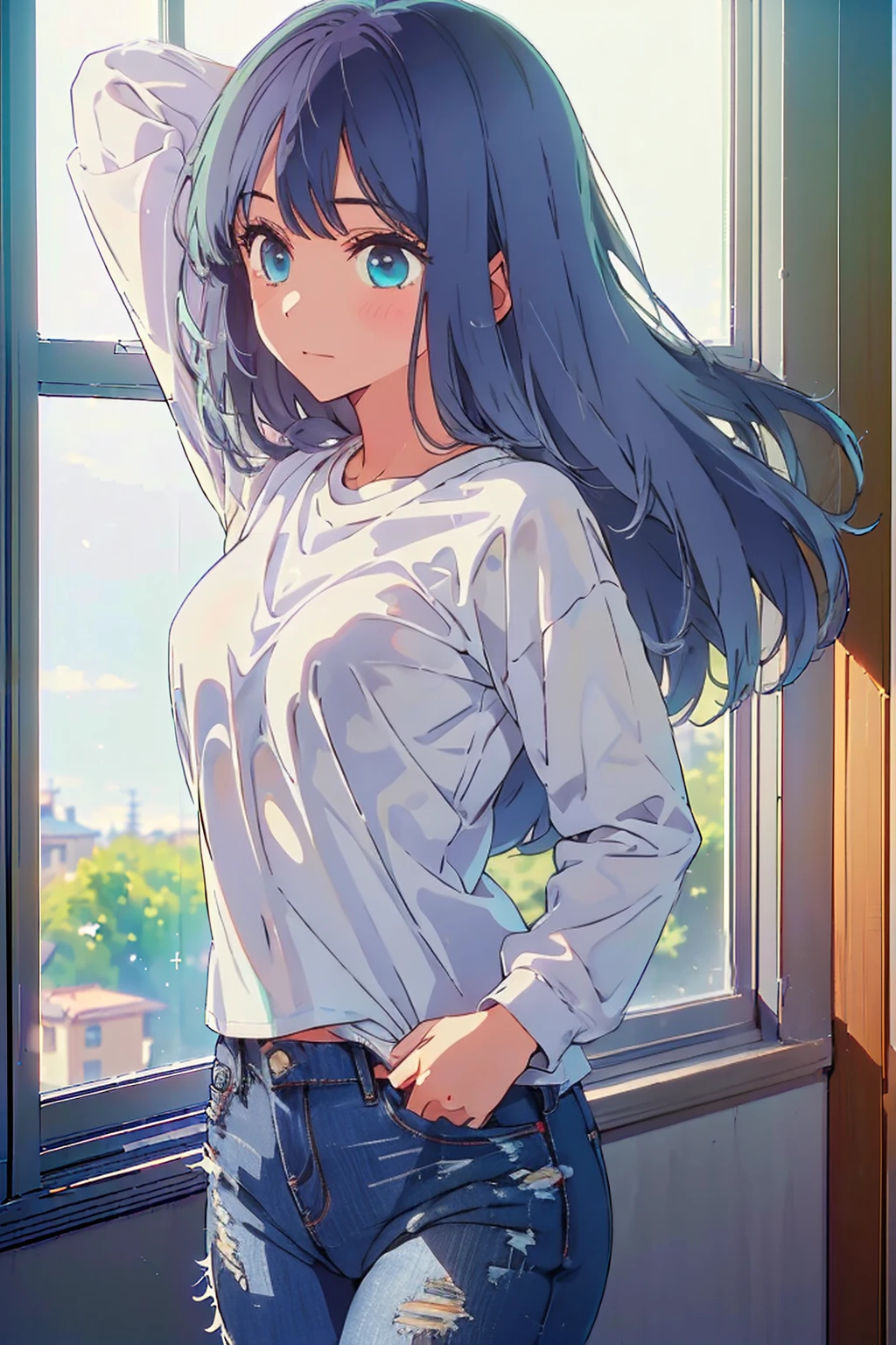 (Highest quality:1.4、masterpiece:1.4、Super detailed:1.4、8K:1.4)、((((1 person、Surprised expression、Windowless dance studio、White long sleeve T-shirt、jeans、Big eyes、Very cute face))))、(Long Hair:1.4)、F cup bust、Medium breast