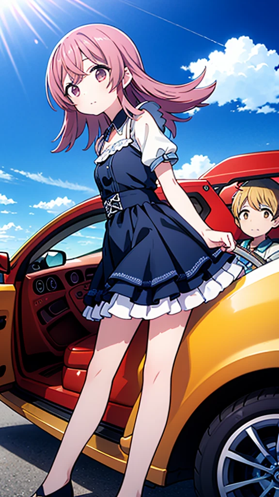 ((Highest quality)), ((masterpiece)), (detailed), Lovers standing in front of a small wagon-type car, such as a Volkswagen、2 people、Boy and Girl、drive、Vision、Side Angle、Summer blue sky、Hikoki Cloud、