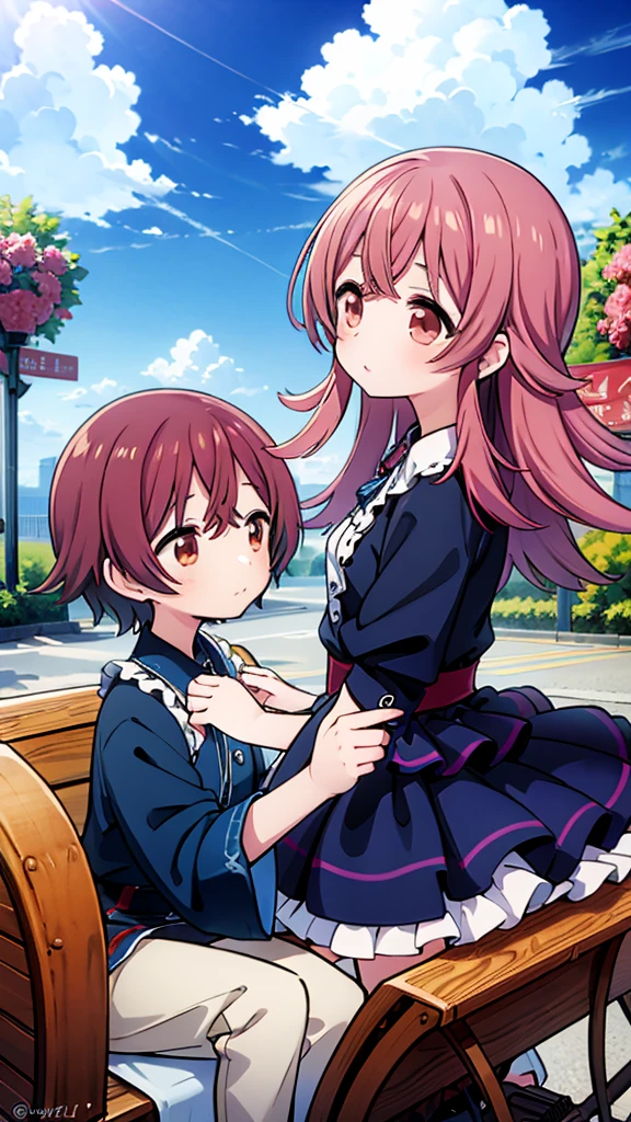 ((Highest quality)), ((masterpiece)), (detailed), Lovers standing in front of a small wagon-type car, such as a Volkswagen、2 people、Boy and Girl、drive、Vision、Side Angle、Summer blue sky、Hikoki Cloud、
