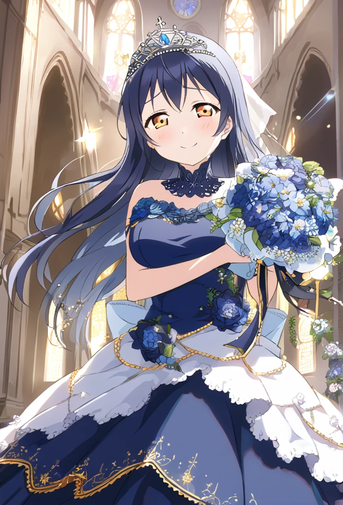 Umi Sonoda Blue Hair Orange eyes Long Hair M-shaped bangs Black Wedding Dress Blue flower decoration dress Blue flower bouquet Blue flower hair ornament tiara smile Large Breasts church Shining Tears of joy