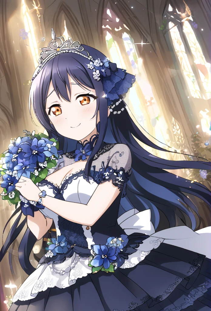 Umi Sonoda　Blue Hair　Orange eyes　Long Hair　M-shaped bangs　Black Wedding Dress　Blue flower decoration dress　Blue flower bouquet　Blue flower hair ornament　tiara　smile　Large Breasts　church　Shining　Tears of joy