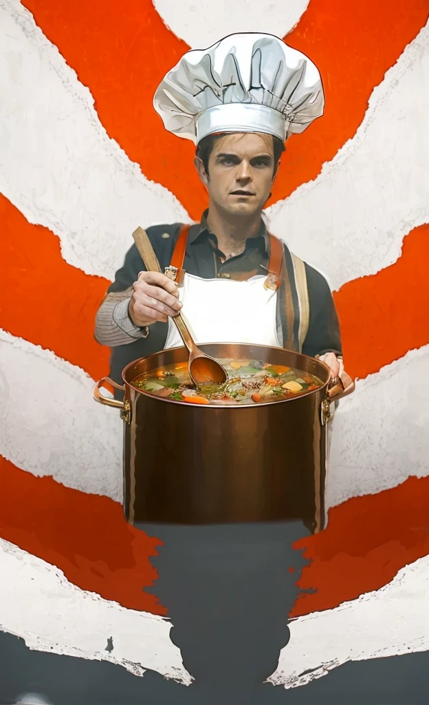 
hughie campbell from the boys wearing a big poofy chefs hat while stirring a huge copper kettle of soup