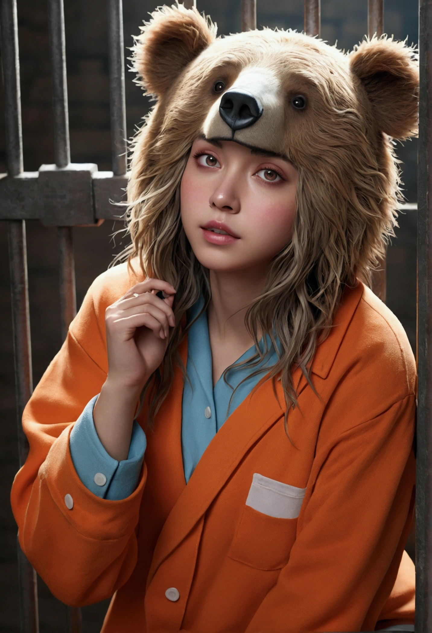 (masterpiece:1.4), (best quality:1.4), extremely detailed, intricate, hyper detailed, (PERFECT FACE), illustration,soft lighting, full_body, 1girl, lonely,  Ao hair, colorful, colorized, from_above ,bear_costume , prison 