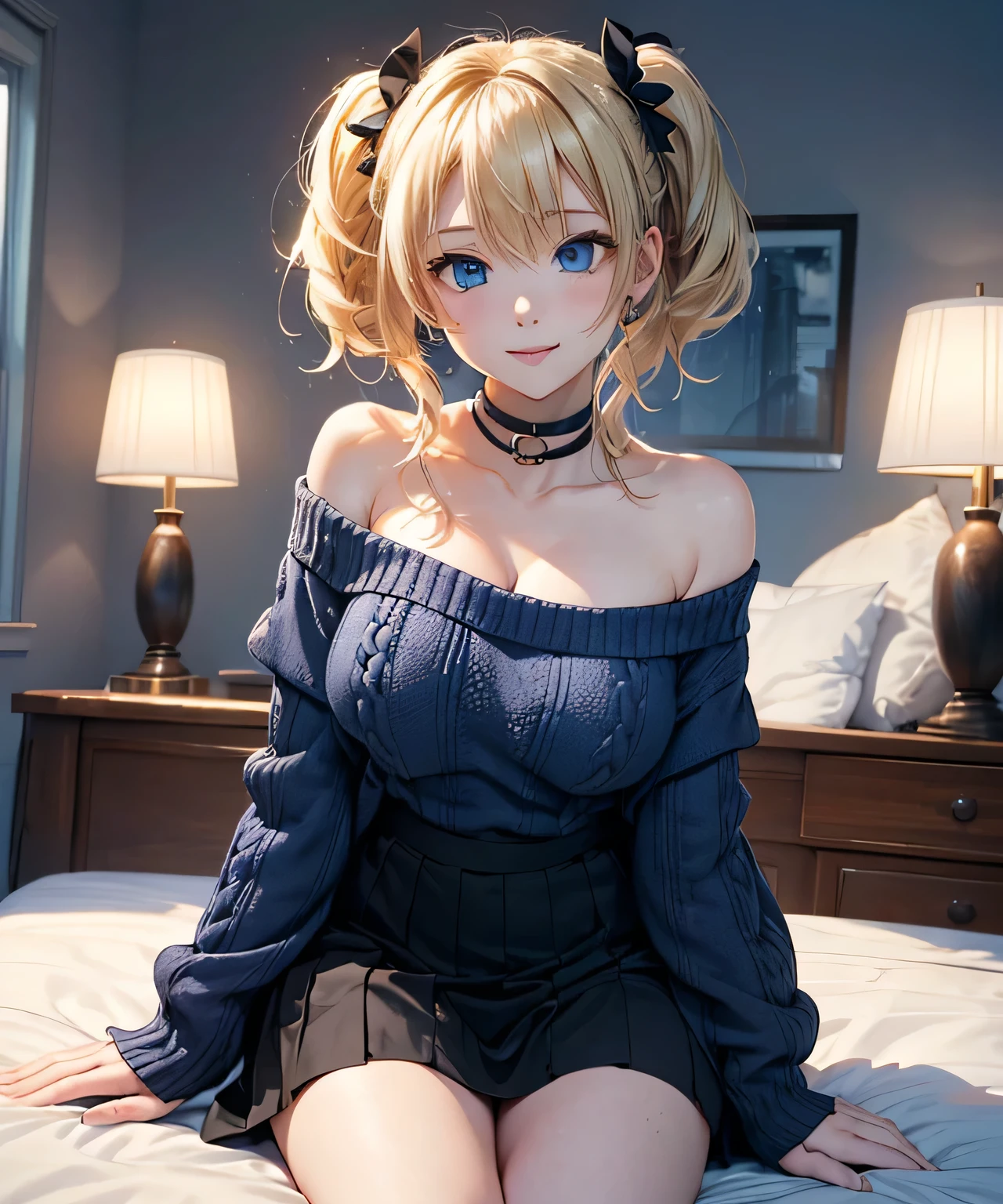 (masterpiece),(top-quality:1.2),1girl in,(masuter piece:1.3),exquisitedetails, Highest quality 8K resolution, Ultra-detailed, Realistic, Vibrant colors, Soft tones, laying on bed with legs open, full body shot ,With warm and gentle lighting,(Black Off-Shoulder Knit:1.3),(Long skirt in green:1.5,) (short twin-tailed blonde hair:1.5),(Hair parted in the middle:1.3),(Glowing hair),(Dark blue eyes:1.3), huge tit, White skin, hair clips, Ever since I was a , I was always looking at distant scenery., and I can still see the color, displayed on a pure white wall, I'll take you away with the cool breeze, very sweet honey, Grasp the never-ending dream with both hands and start running, I'm a little crazy on the road, Waiting for, Always for the sunrise, Anytime(Or my dream)
I want to melt into your sweetness, Sweet smile.fate grabs me, I'm in a daze, But it looks casual.That place is calling.