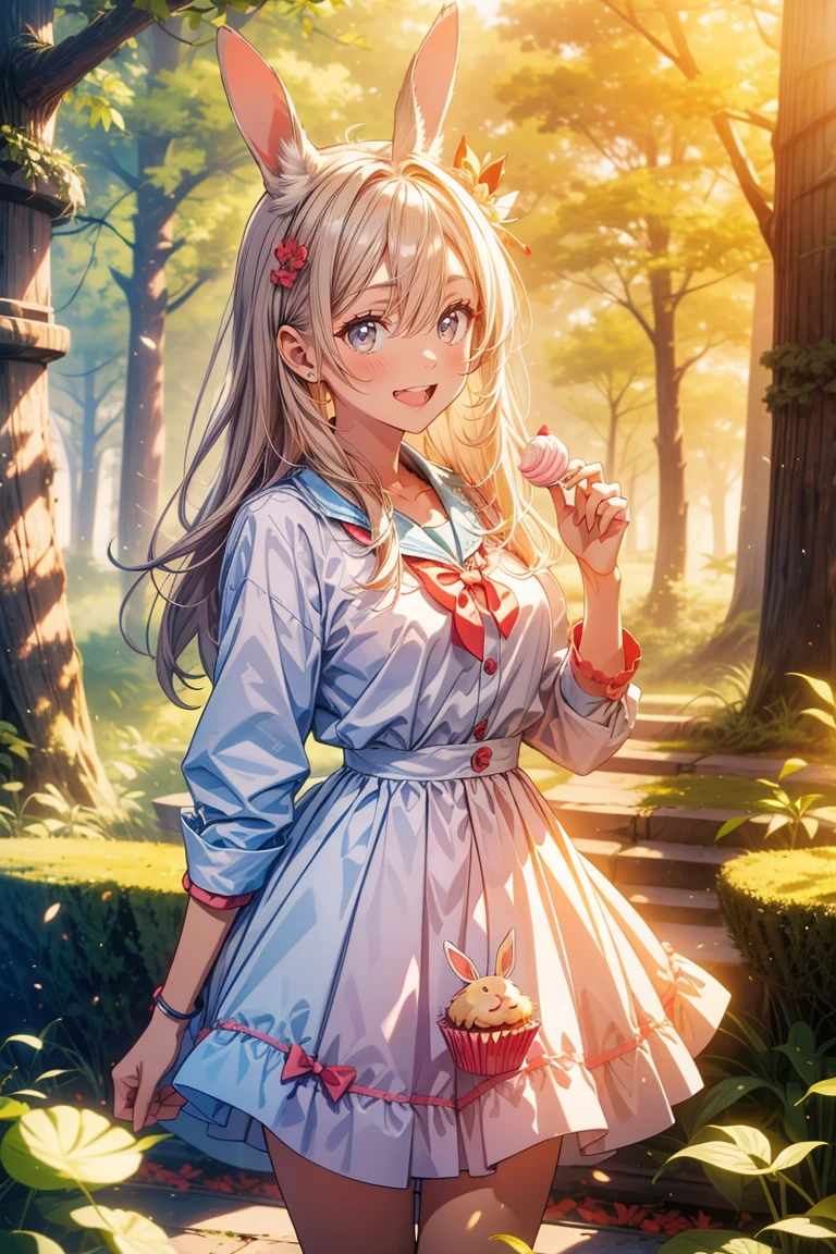 Great forest landscape。standing rabbit,The  gives him a candy cupcake with a big smile on her face.,