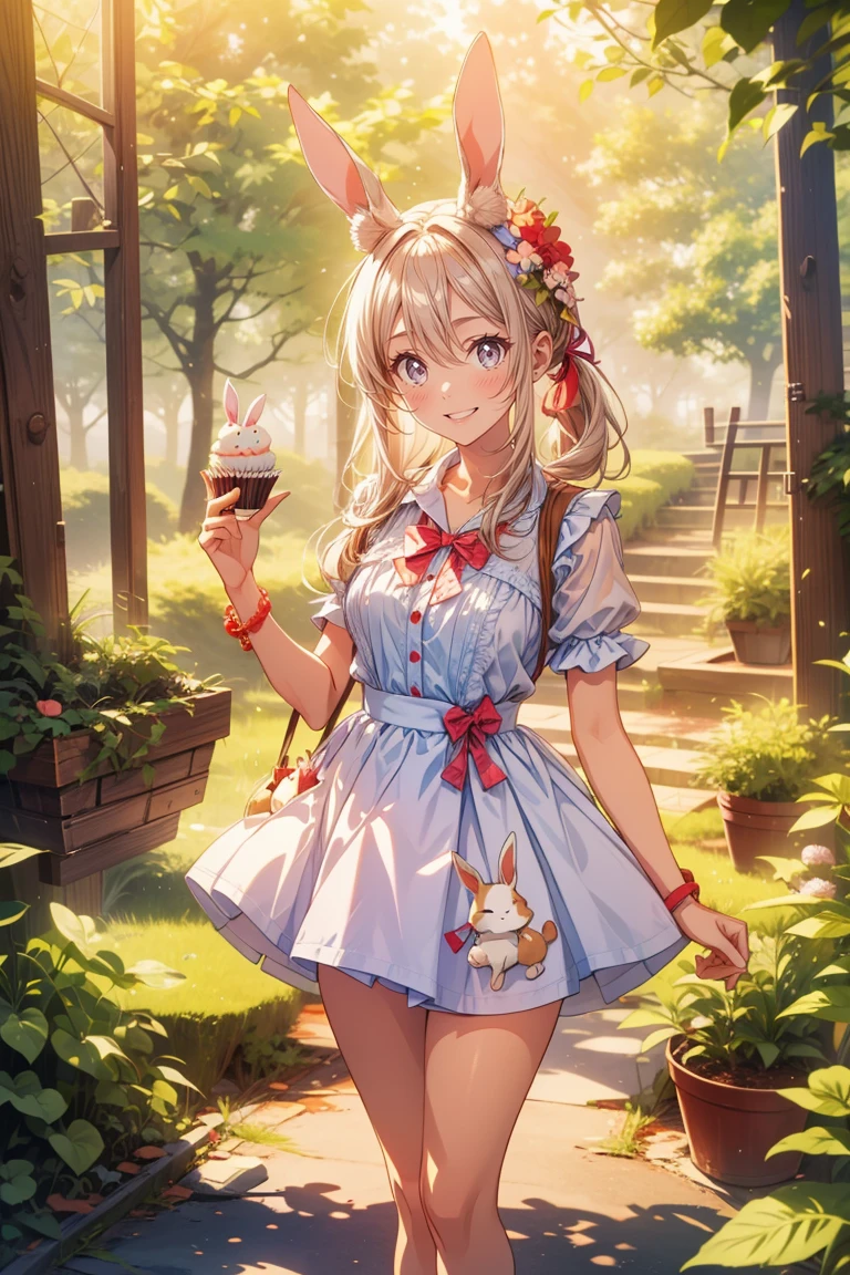 Great forest landscape。standing rabbit,The gives him a candy cupcake with a big smile on her face.,