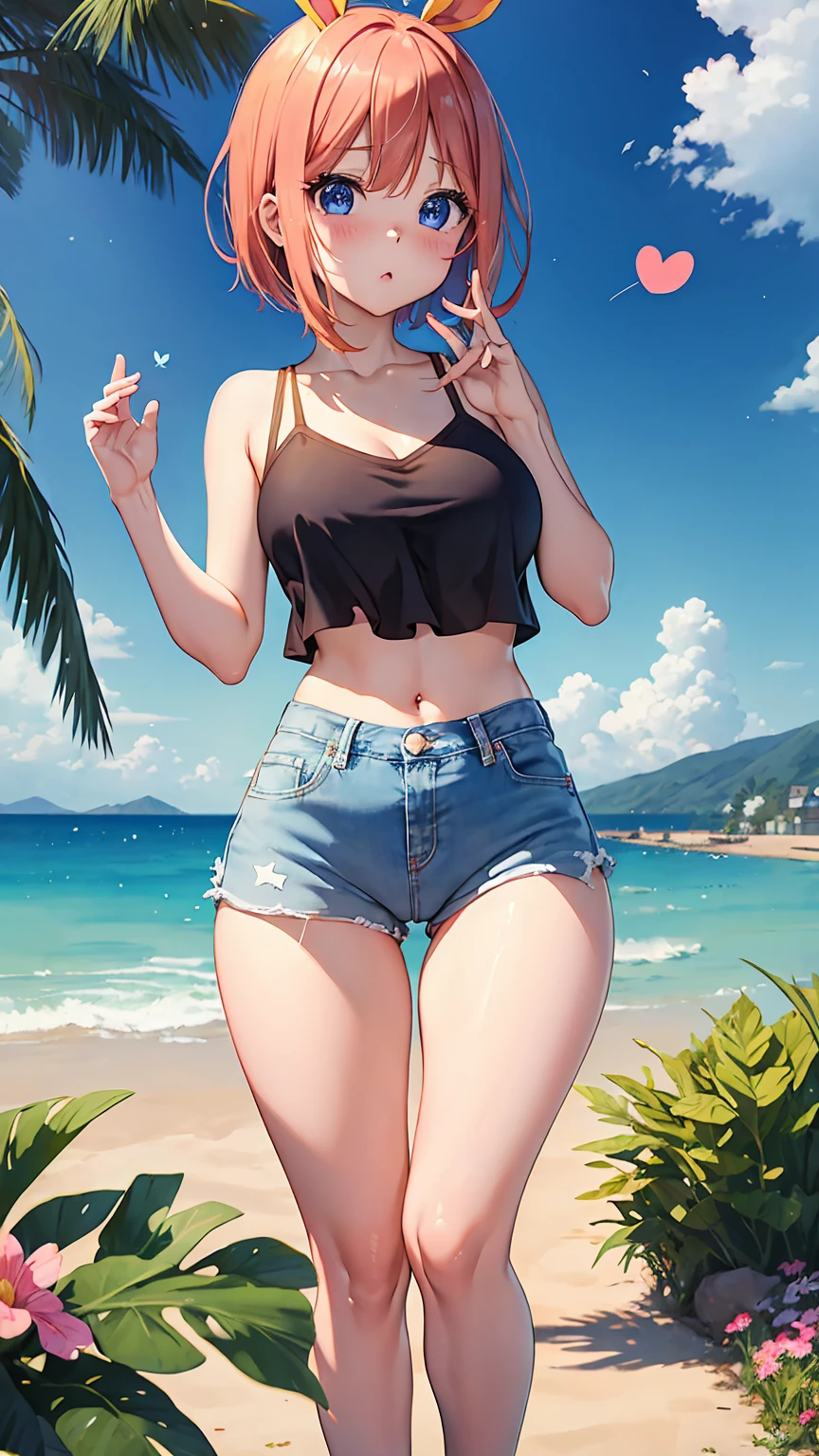 [(((nakano nino, nino nakano, 5-toubun no hanayome))), short hair, bangs, blue eyes, hair ornament, hair ribbon, pink hair, blunt bangs, two side up, butterfly hair ornament, large breasts], 1girl, anime girl, anime, 2d girl, (fullbody), standing, anime girl, ((blowing kiss to viewer)), heart, Solo, Slim, Tight Shorts, low waist shorts, upshorts, The night background, in front of beach house, distant mountain in the background, stars in the sky, looking at viewer, darker shadows, (((explicit))), (((shorts))), (((absurdres))), (((thigh gap))), cameltoe, (((cameltoe))), (((cleft of venus))), (((pussy outline in shorts))), (((pussy contour in shorts))), (((lowleg shorts))),