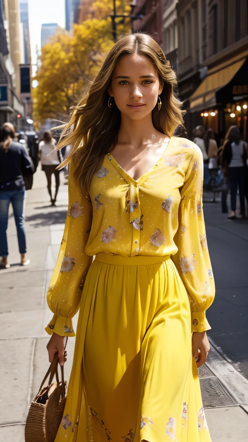 Foto hiperrealista en primer plano de Alicia Vikander, masterpiece, best quality, (photorealistic:1.4), full body,  (yellow Casual Boho Floral Blouse Shirts V Neck Long Puff Sleeve Lightweight Chiffon:1.2), (yellow fall maxi maxi skirt:1.1), heels, street of New York, sunny day, cinematic light, beautiful woman, skinny, medium  breasts, wave dark blond hair, detailed face, smile, facing the camera, photo taken from a distance, age of 20 years old,