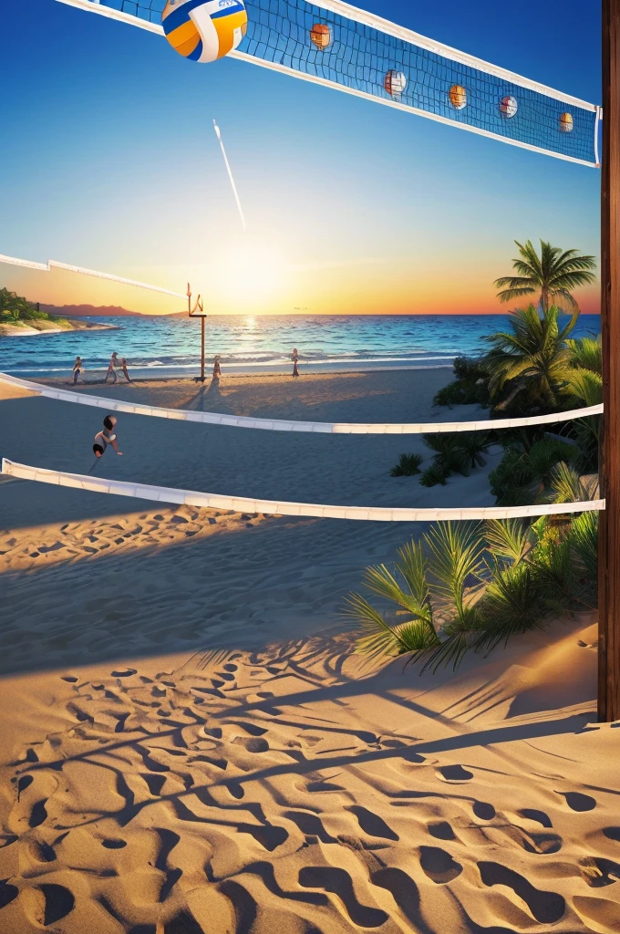 masterpiece,best quality,The background is the beach,((There is a volleyball net present))(Extremely detailed 8K wallpaper),(best quality),(Best illustration),(Best shadows),absurd,realistic lighting,(abyss),Beautiful detailed glow,PeterMohrBacherArt