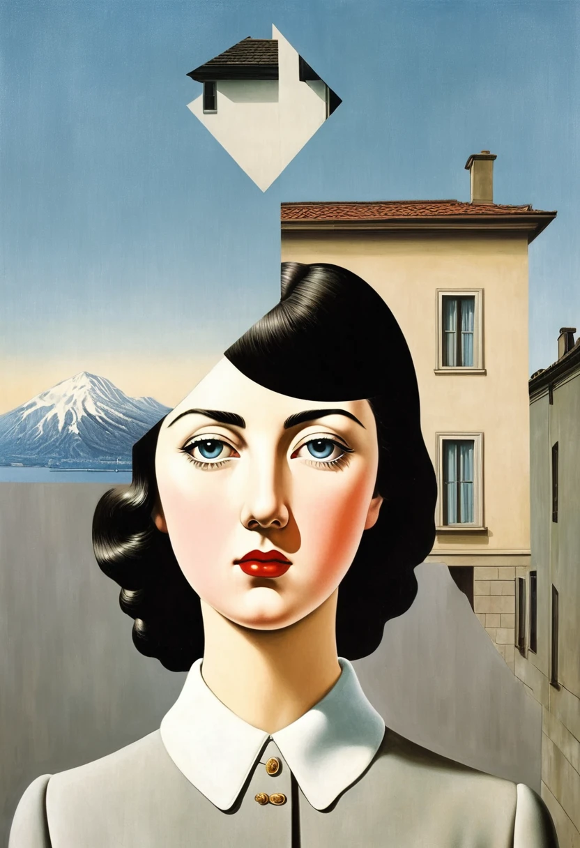 René Magritte,Weird misplaced art:有一张女人脸的Collage画,There are many different things on the face,house,Geometric Dislocation,Collage,Artistic sense,Painting,paint,Simple,