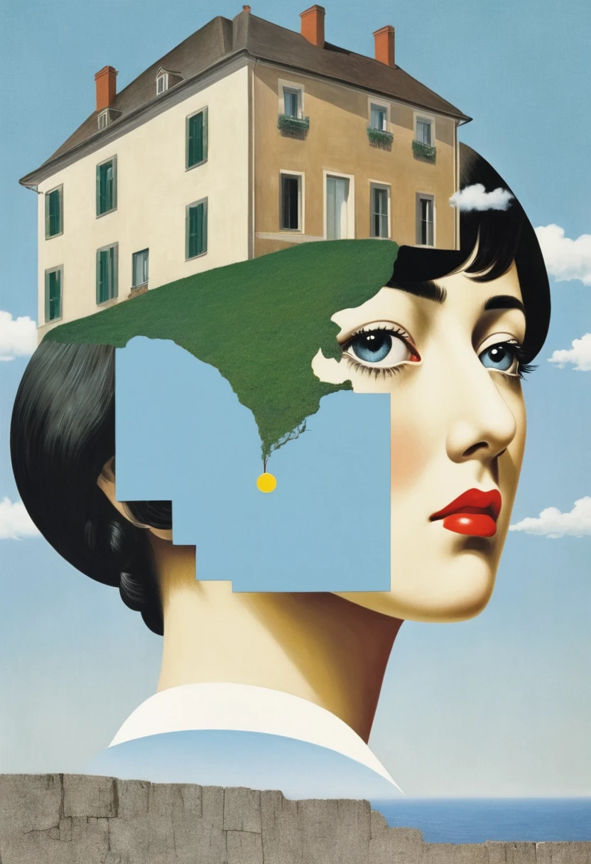 René Magritte，Weird misplaced art：有一张女人脸的Collage画，There are many different things on the face，house，Geometric Dislocation，Collage，Artistic sense，Painting，paint，Simple，