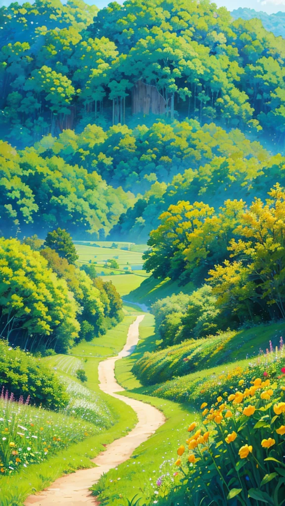 lots of Foods on a long big table in a Green flower field, Studio Ghibli art, 8K, Clear picture with details, Ultrasharp