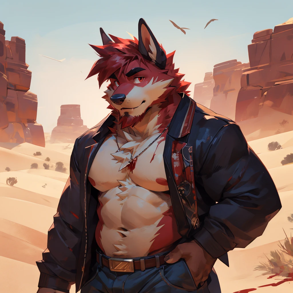 Solo, male, Zarigeya, with black and cream-colored fur, with short Blood Red hair, with blood red beard, blood red chest fur, Pinkish red and blacks eyes, with long ears, shirtless, in jeans, chest, big chest view, desert, route 66,((focus body, furry focus, focus shadows, body shadows)), by darkgem, by mystikfox61, by glitter trap boy