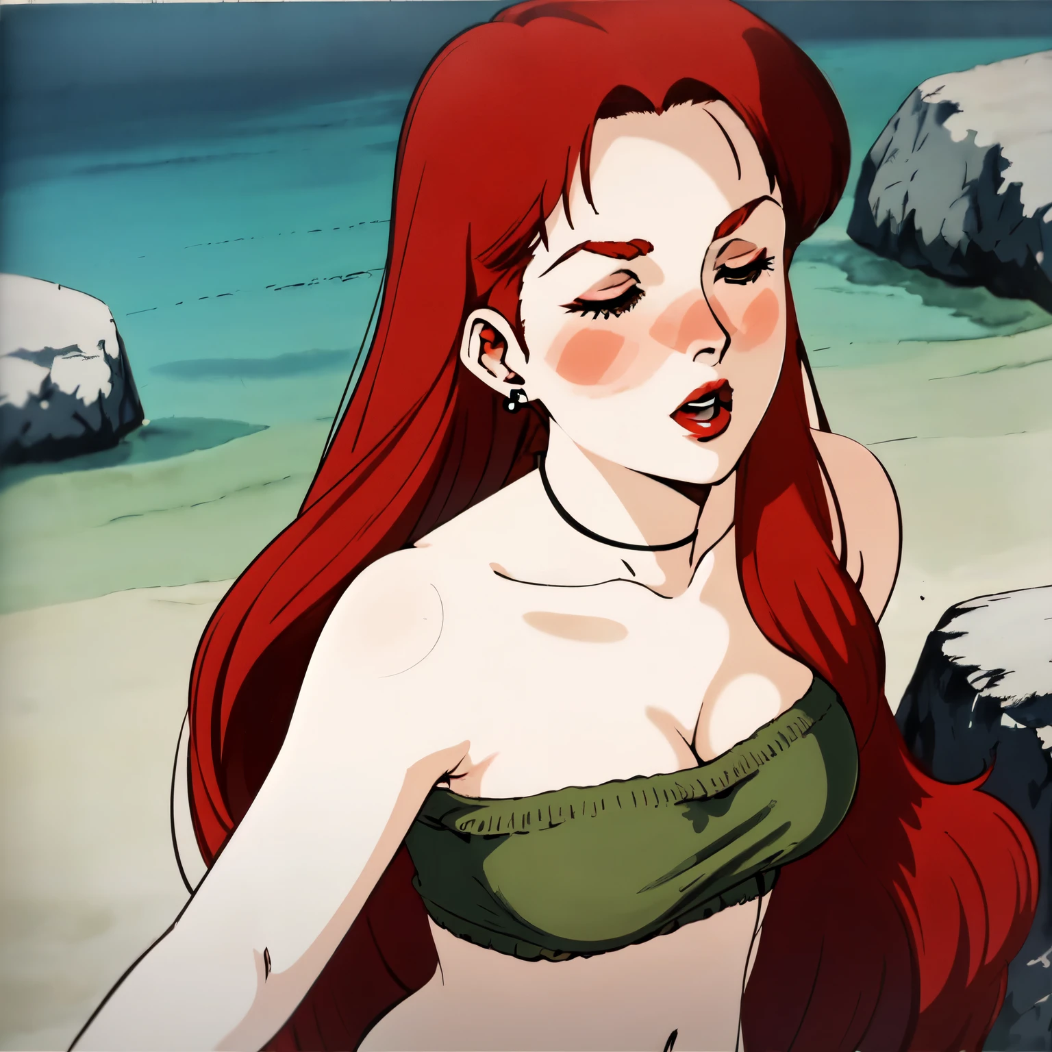 masterpiece,highres,high quality,nsfw,christinamackenzie,1girl, beach, earrings, bare shoulders, belly button, breasts, (red eyeshadow: 1.2), partially closed eyes, open mouth(1.1), horny, (red lips:1.1), choker, (face blush:1.1), (pale skin:1.2), (long hair:1.2),parted bangs,red hair,green eyes,