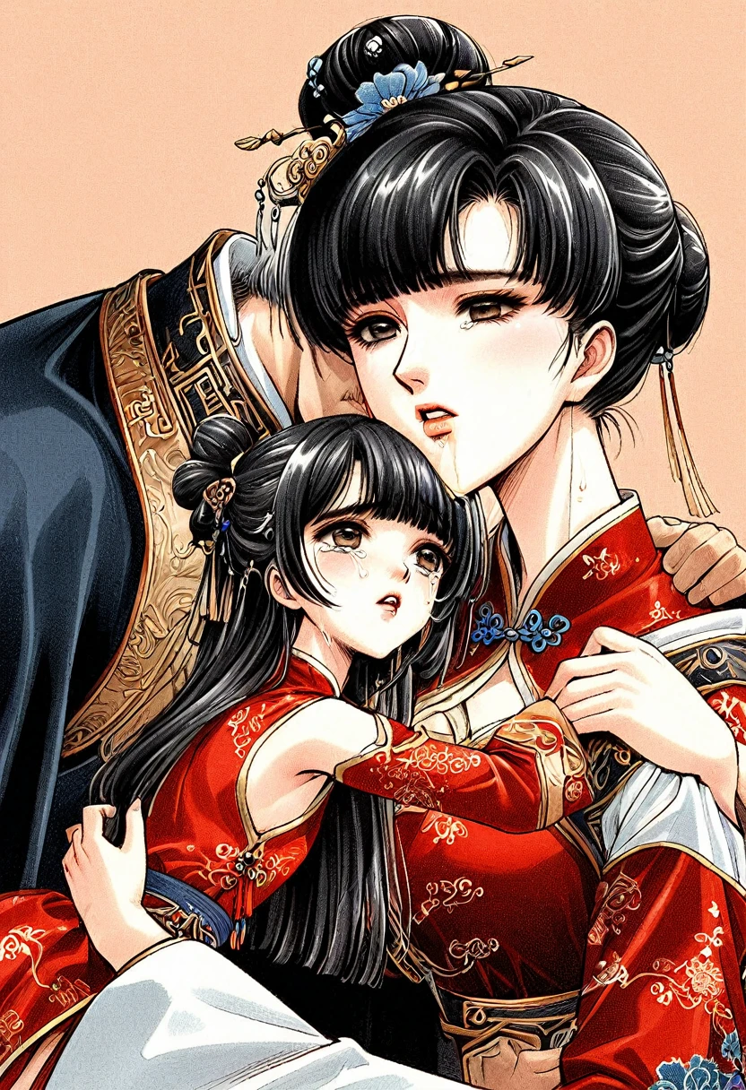 Period drama manga style A 15-year-old super beautiful Chinese girl with black hair in a bun cut(1 person) She is wearing a royal long-sleeved Chinese dress She is embraced by the perverted old emperor and forced to deep kiss him, causing him to cry. She gets fucked in the standing position