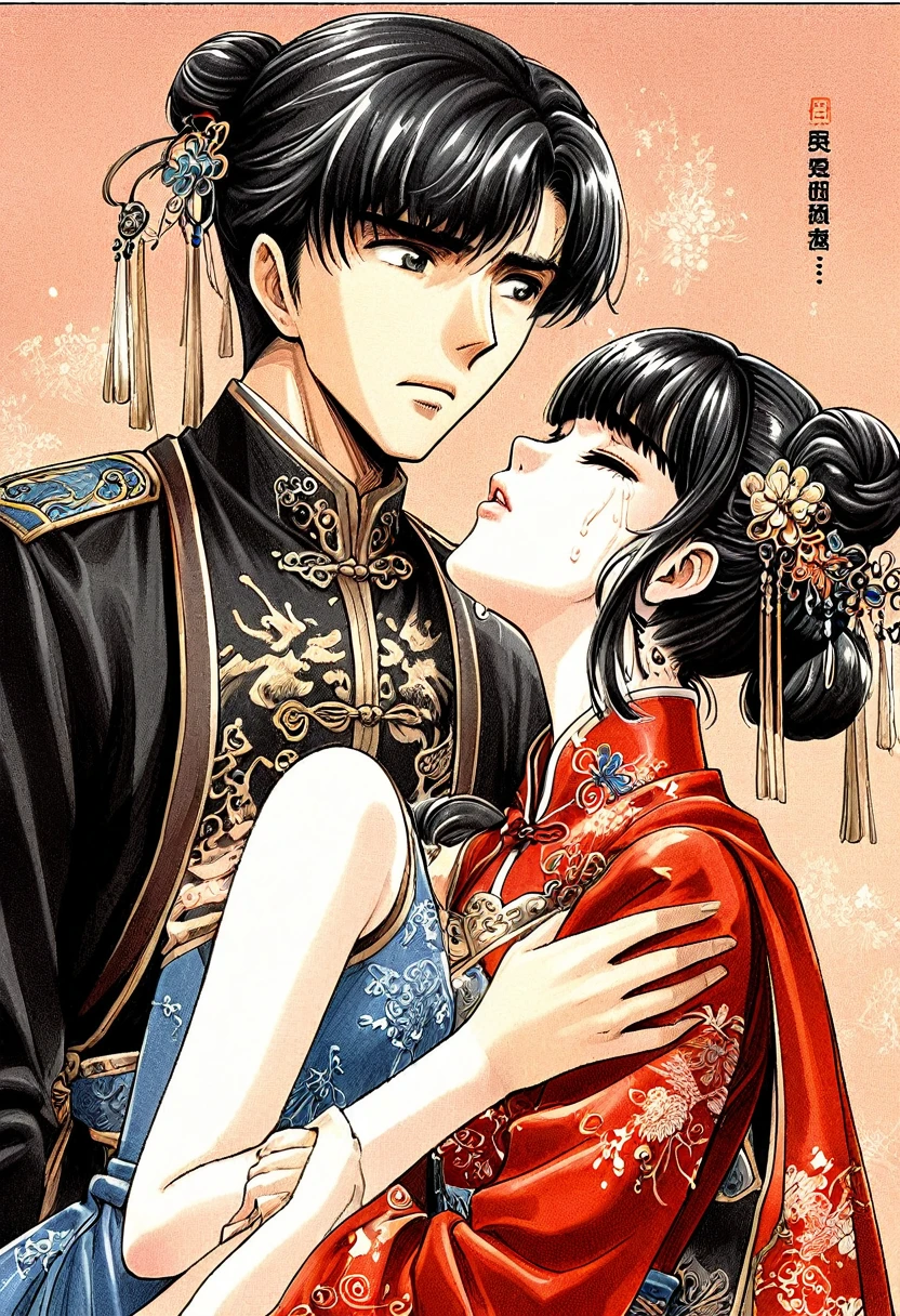 Period drama manga style　A 15-year-old super beautiful Chinese girl with black hair in a bun cut(1 person)　She is wearing a royal long-sleeved Chinese dress　She is embraced by the perverted old emperor and forced to deep kiss him, causing him to cry.　She gets fucked in the standing position