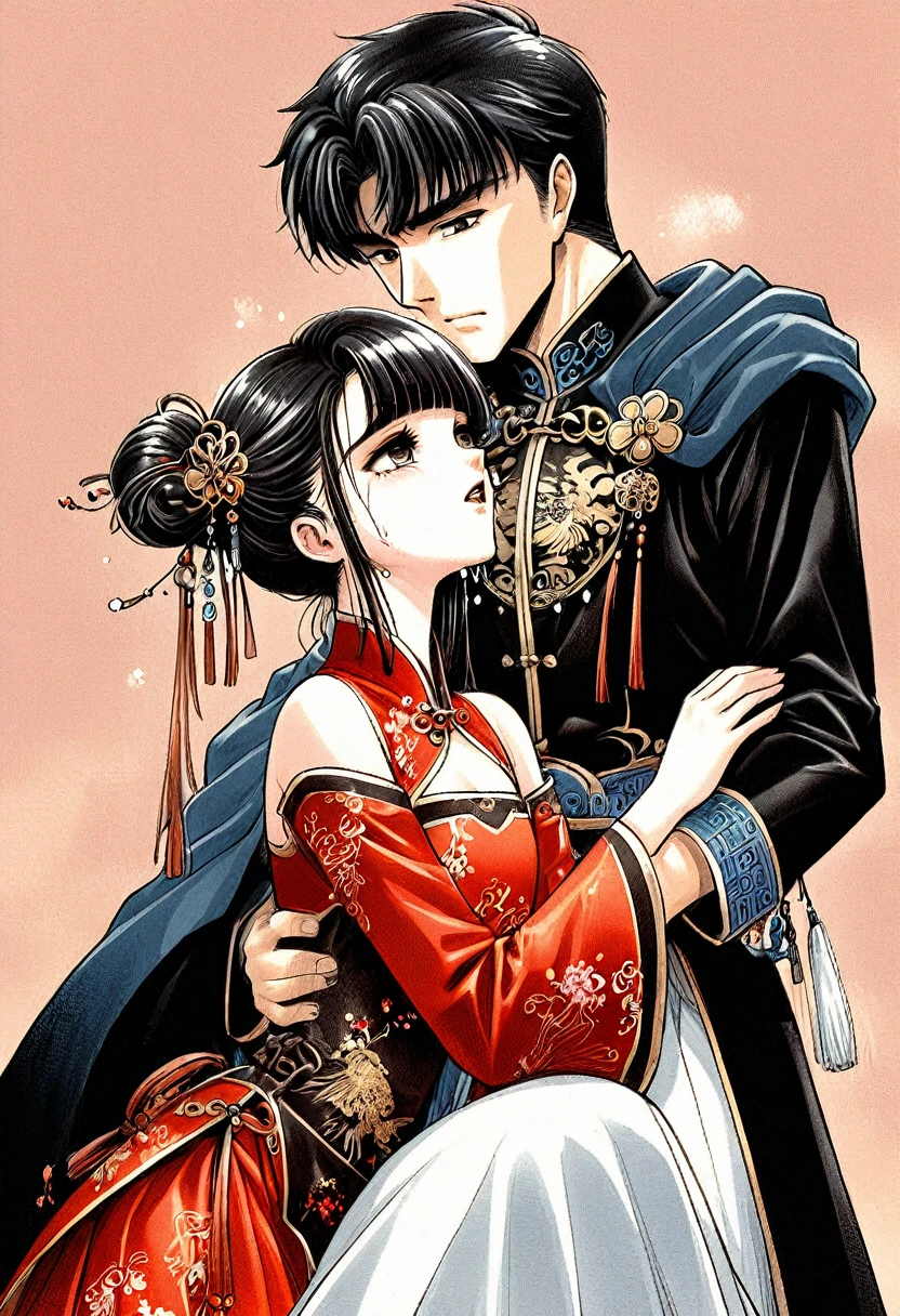 Period drama manga style A 15-year-old super beautiful Chinese girl with black hair in a bun cut(1 person) She is wearing a royal long-sleeved Chinese dress She is embraced by the perverted old emperor and forced to deep kiss him, causing him to cry. She gets fucked in the standing position