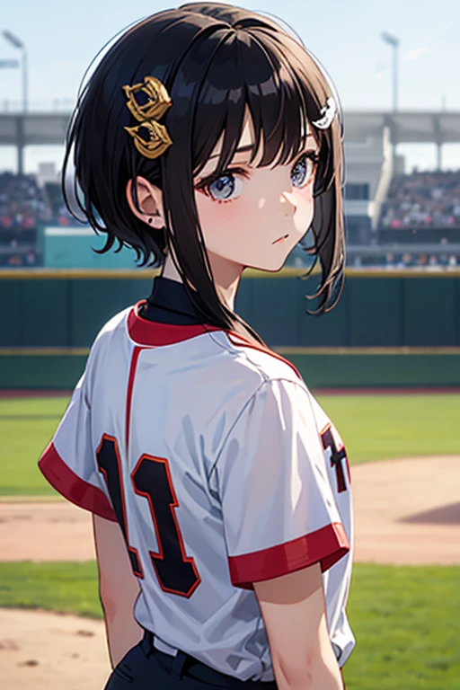 Highest quality、back、Black Hair、Iris、short hair、girl、cute、16 years old、、Small hair ornament、1 person、Cosplay、Baseball uniform、batting、swing、Serious expression
