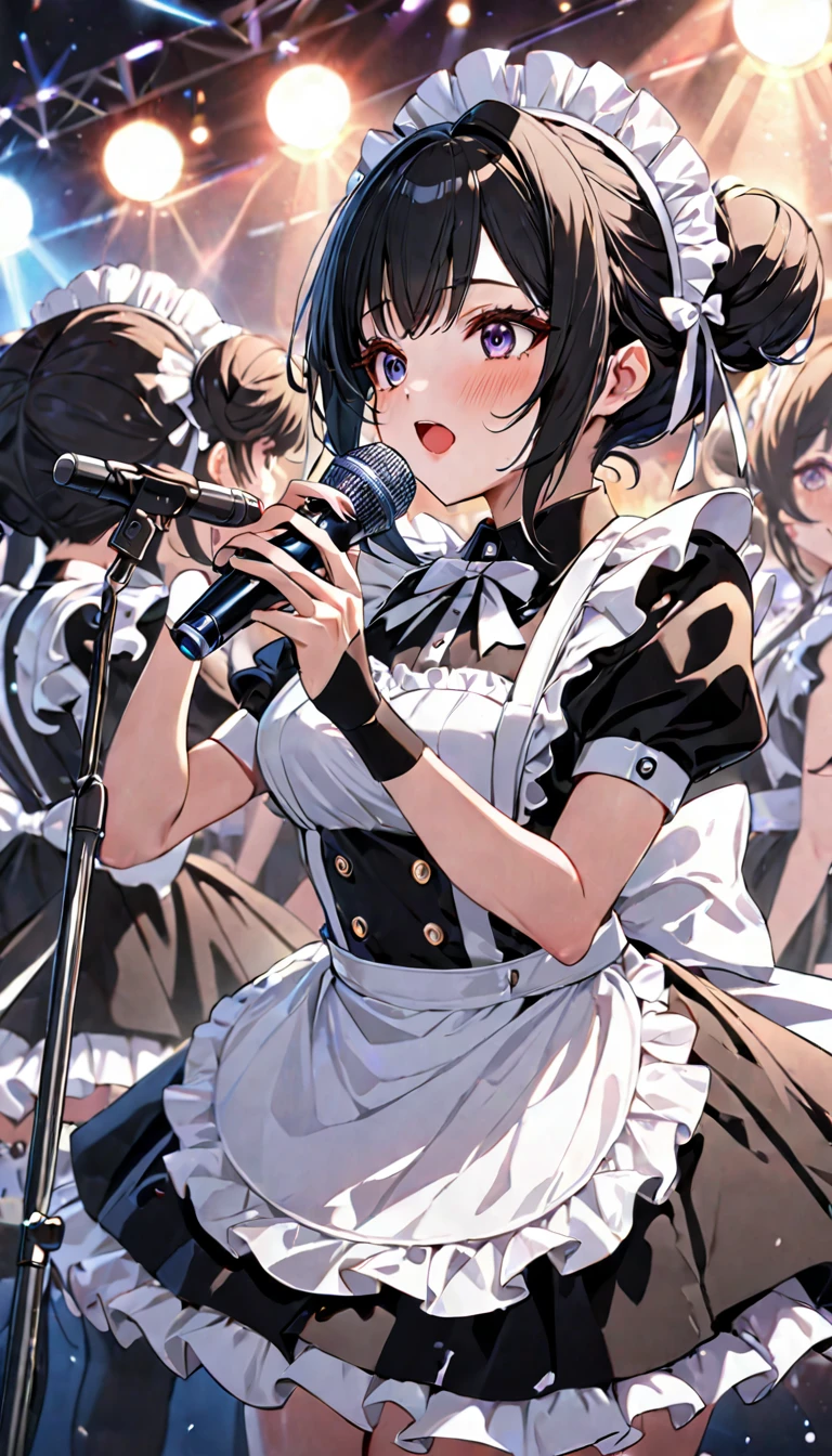 anime style, masterpiece, accurate, textured skin, high quality, best quality, highres, high details, super detail, black hair, doughnut hair bun, maid headdress, reflection light, Super idol in maid outfit, Singing at a live concert, holding a microphone