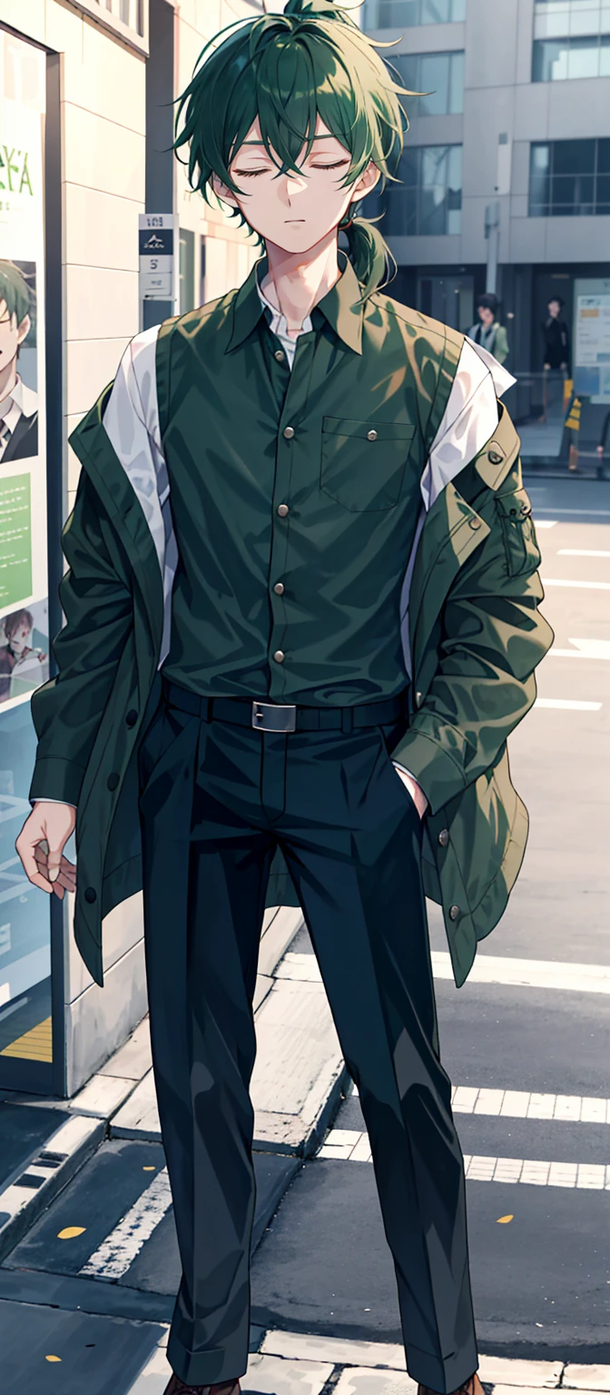 1 boy, 27 years old, full body, hair between eyes, dark green hair, low ponytail, collared shirt, slacks, safari jacket, closed eyes, front view, katana,