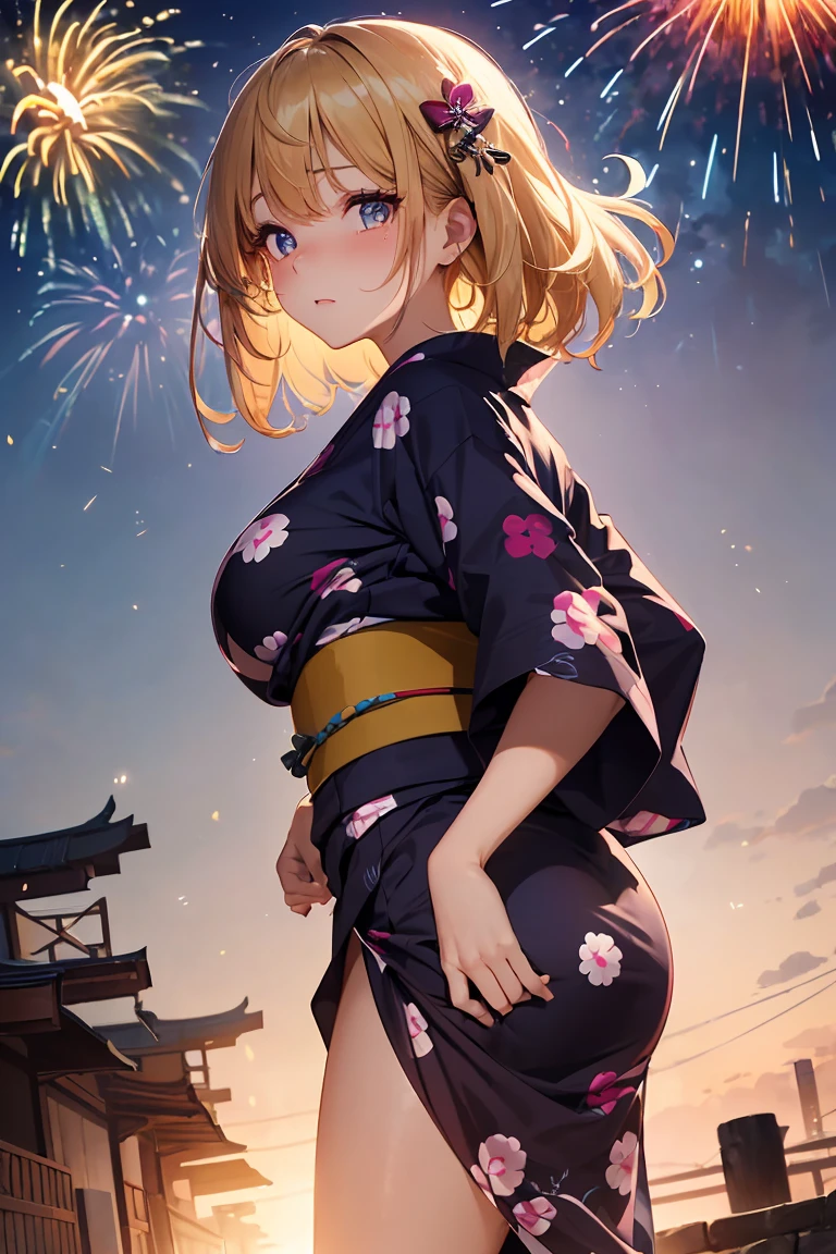 masterpiece, absurdres, best quality, ultra detailed, high Resolution, detailed illustration, bright colour, (extremely beautiful detailed face and eyes, Delicate beautiful face, 1 girl, 18yo, cute face:1.3), (magenta eyes:1.1), sparkling eyes, big eyes, (medium breasts:1.3), (perky breasts:1.1), (pointy breasts:1.1), medium hips, glamorous body, white skin, BREAK, (blonde hair:0.8), messy hair, detailed hair, shiny hair, BREAK (yukata, undressed:1.3), perfect lighting, (ecstasy, vulgarity:1.5), (embarrassed:1.3),  (firework:1.2), From behind, 