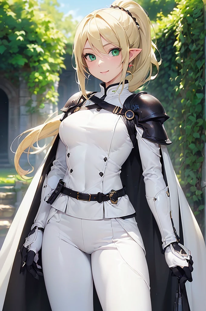 (((masterpiece; best quality: 1.2))), (finely detailed eyes: 1.3), (25 year old elf woman), (solo), (green eyes: 1.4), (body; buxom, fit, femenine: 1.3), (silky blonde hair in low ponytail: 1.3), (beautiful and clear background: 1.2), ((depth of field)), (equipment: adventurer attire + modest + light armor + long black coat + white tunic + white cape + black pants + gloves + belt + pouches: 1.3), (anime illustration: 1.2), (background composition; royal garden: 1.1), (extremely fine and beautiful: 1.1), (shot composition; standing + centered on torso + close-up: 1.5), (expression; calm, smile: 1.2)