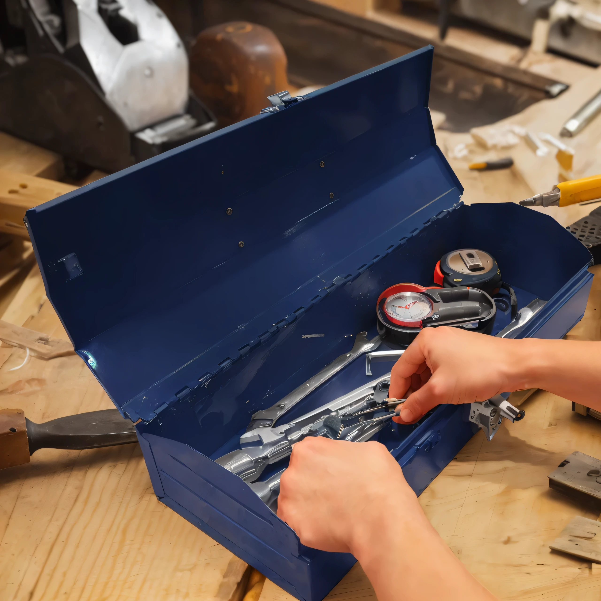 someone is working on a tool Box with tool in it, DIY, Tuning, tool, in the workshop, Fine workmanship, author:Jakob Gauermann, maintain, Technology, professionally assembled, Excellent details, wrench, master, , artisan, Packaging snapshot, mechanism, Ease of use, Box, Wonderful details, Set Photo, manual, professional, Musical Instruments,unbelievably realistic