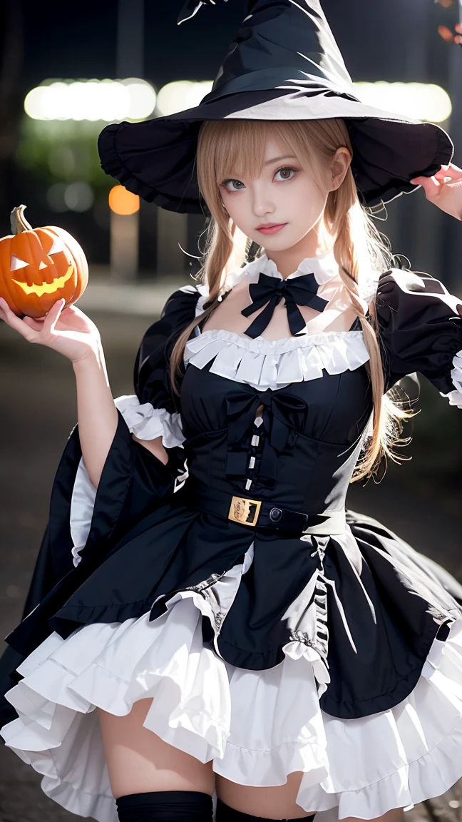 (masutepiece, Best Quality:1.2), 8K, 18year old, 85 mm, Official art, Raw photo, absurderes, White dress shirts, Pretty Face, close up, Upper body, violaceaess, gardeniass, Beautiful Girl, (Detailed Halloween costumes with frills,Witch Hat:1.3),(model poses:1.3), Cinch West, thighs thighs thighs thighs, Short sleeve, On the street at night, Looking at Viewer, No makeup, (Smile:0.4), Film grain, chromatic abberation, Sharp Focus, face lights, clear lighting, Teen, Detailed face, Bokeh background、、slim figure