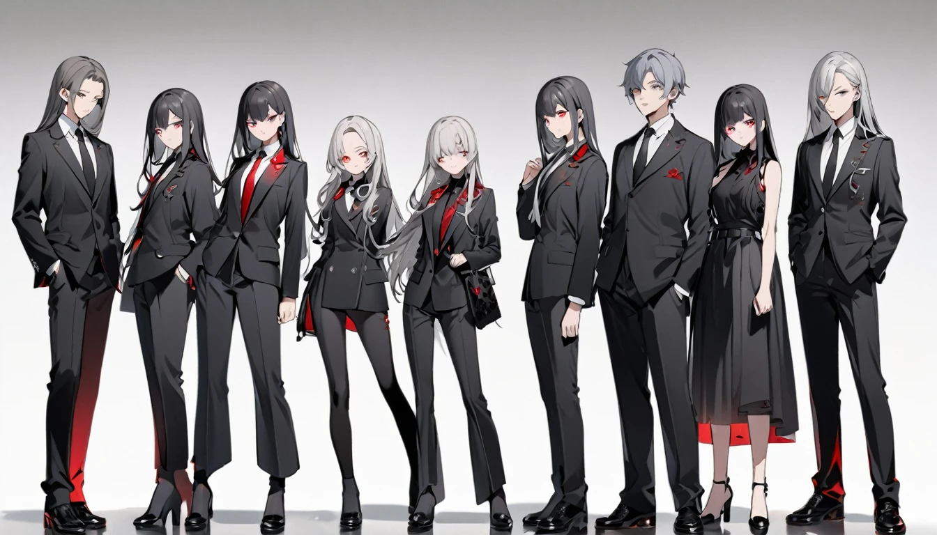 Teen Girl Characters。gray hair color、Glowing red eyes、Long Hair、There is a mole under the left eye。In a suit。whole body。Without background、Depict people only。