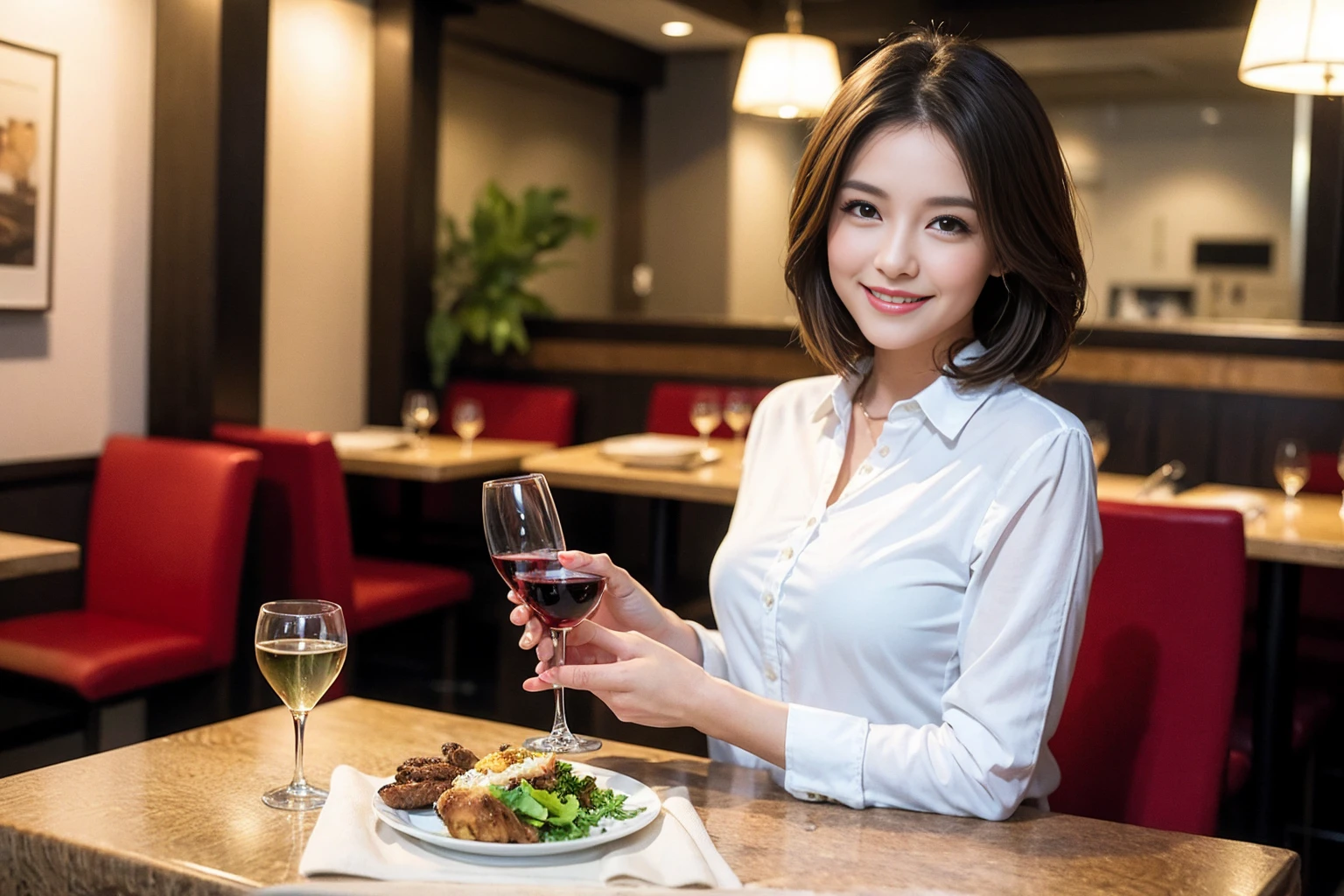 ((Highest quality、8K、masterpiece:1.3))、Shortcuts、cute、slimカップル、modelカップル、actress男優、(Realistic, Intricate details:1.2), full-course dinner、Wine Party、Amazing view of the sunset sky and clouds、A bright smile、short hair,Bright Face、 (Age 45), 42 years old, red wine 、Appetizers、Italian food、Wine bottle、Champagne、sparkling wine、Two beauties、Brown Hair、Shortcuts、Long sleeve shirt、dress、Beautiful woman 1, (slimな顔), (The body is slim), (Brown Hair), (Shortcuts), cheeks turn a little red,Attractive beauty、restaurant, In a prominent place (From the waist up) Nova Frog Style, actress, model, Upper Body, White wine, slim, wine glass, 中央に置かれたwine glass, smile, (smile: 1.15), Beautiful fine grain, Depth f/2,saturation, High Contrast, Strong light and shadow,Moist Body:1.5、3D texture、Delicate eyes、Brown Hair、The hair is very shiny、