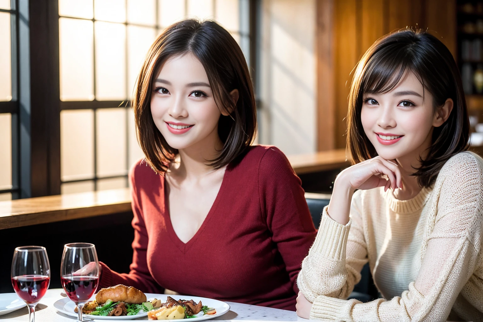 ((Highest quality、8K、masterpiece:1.3))、Shortcuts、cute、slimカップル、modelカップル、actress男優、(Realistic, Intricate details:1.2), full-course dinner、Wine Party、Amazing view of the sunset sky and clouds、A bright smile、short hair,Bright Face、 (Age 45), 42 years old, red wine 、Appetizers、Italian food、Wine bottle、Champagne、sparkling wine、Two beauties、Brown Hair、Shortcuts、Long sleeve shirt、dress、Beautiful woman 1, (slimな顔), (The body is slim), (Brown Hair), (Shortcuts), cheeks turn a little red,Attractive beauty、restaurant, In a prominent place (From the waist up) Nova Frog Style, actress, model, Upper Body, White wine, slim, wine glass, 中央に置かれたwine glass, smile, (smile: 1.15), Beautiful fine grain, Depth f/2,saturation, High Contrast, Strong light and shadow,Moist Body:1.5、3D texture、Delicate eyes、Brown Hair、The hair is very shiny、
