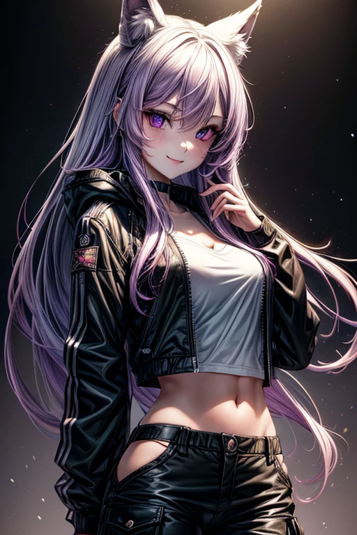 One beautiful young woman, light purple hair, long slightly waved and combed to one side, purple eyes, almond eyes, eyeliner, wolf ears,
pretty fanged smile, pale skin, extremely beautiful, kind, sweet, White, black jacket, black cargo pants, anime realism style, portrait, vibrant lighting, color palette: light purple and black, (best quality, 4k, 8k, highres, masterpiece:1.2), ultra-detailed, realistic:1.37
