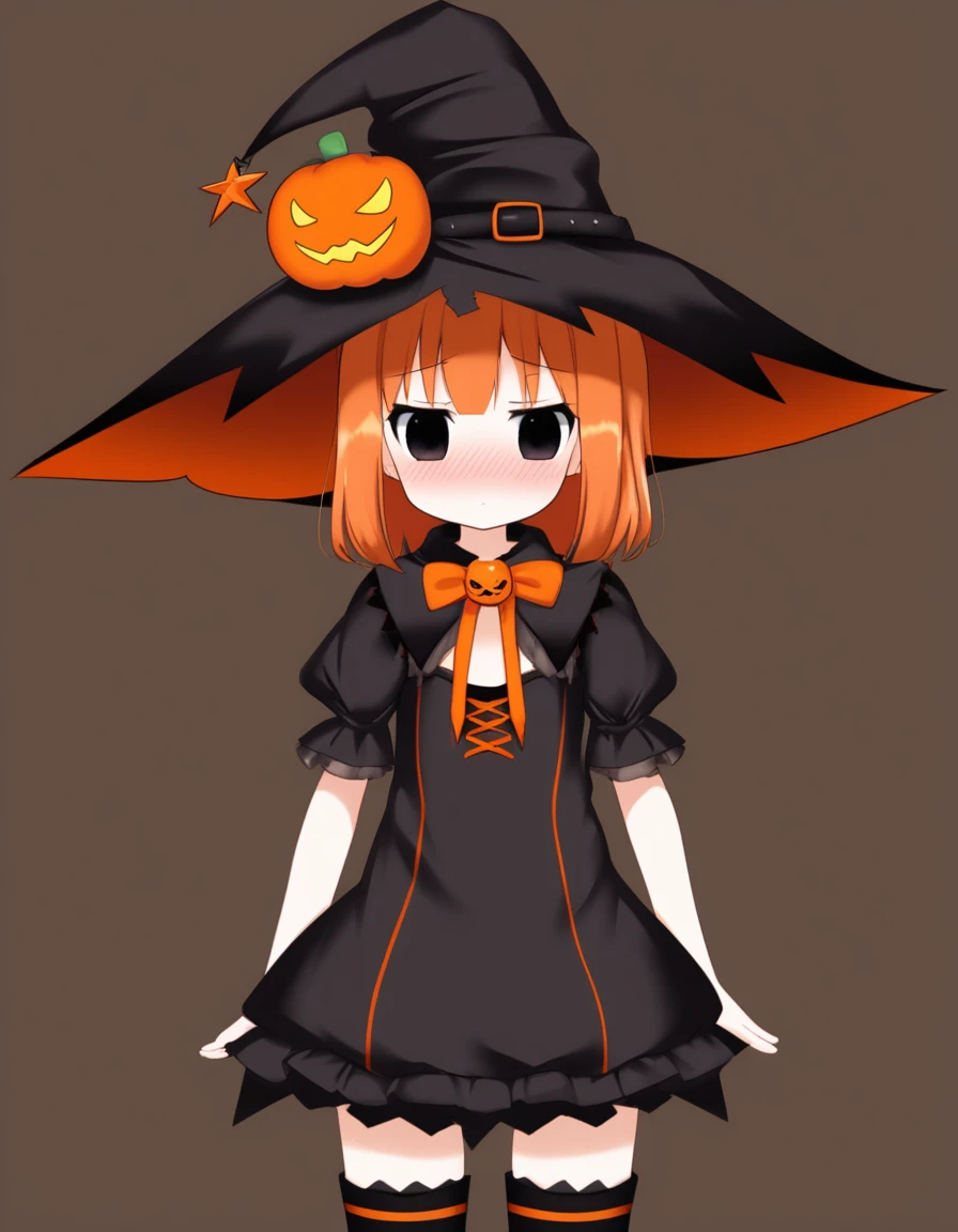 Cute girl, bright orange and dark black, thigh-high socks, gothic style, small bust, witch's clothes, simple background, front view, cowboy shot, standing, {{blushing}}, expressionless, {{loli}}, orange hair,
