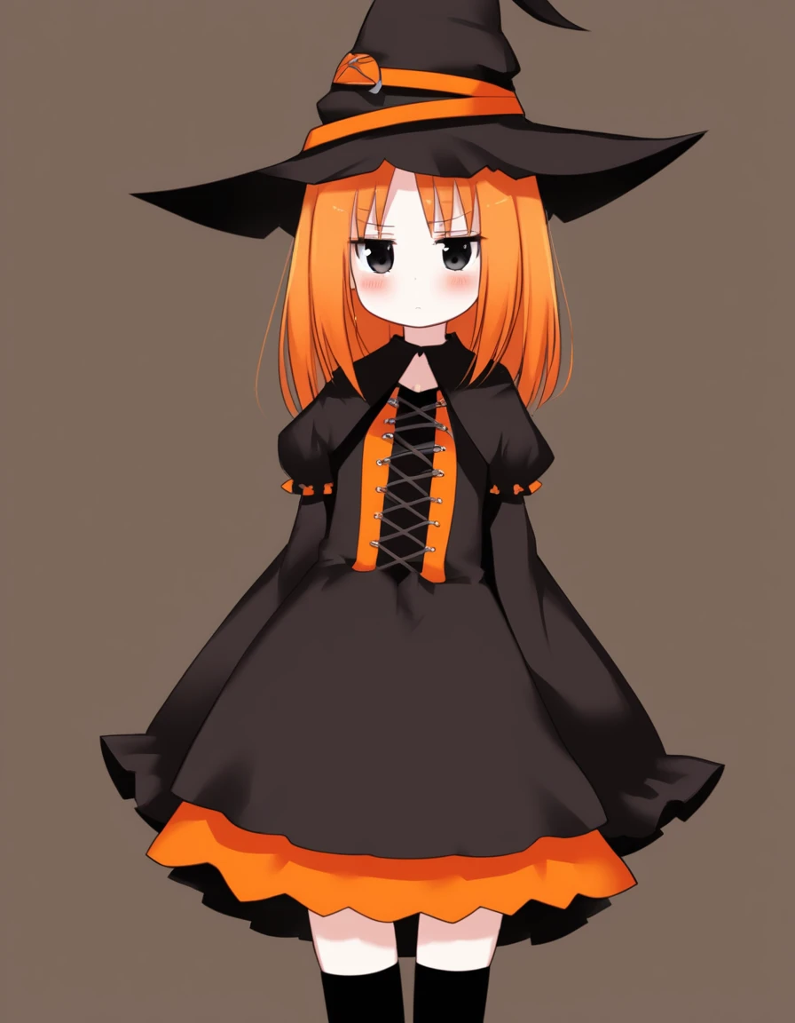 Cute girl, bright orange and dark black, thigh-high socks, gothic style, small bust, witch's clothes, simple background, front view, cowboy shot, standing, {{blushing}}, expressionless, {{loli}}, orange hair,